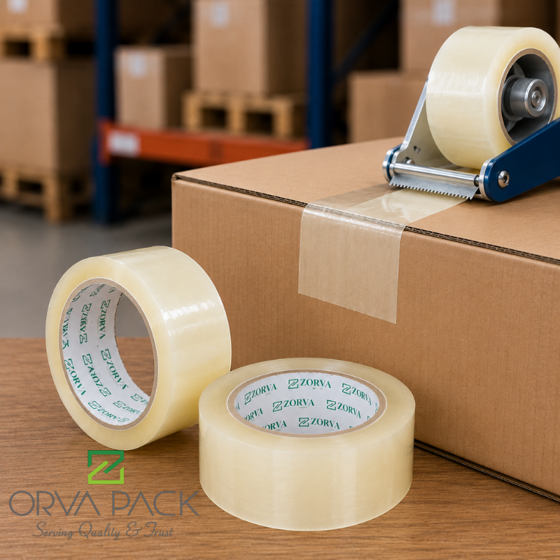 BOPP Packing Tape Clear UAE – 2 inch × 50 micron, 50 to 1000 yard rolls, transparent adhesive carton sealing tape with custom printing by ORVA PACK