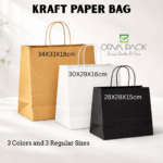 Kraft paper bags with twisted handles in brown, white, and black – available in three sizes and customizable printing.