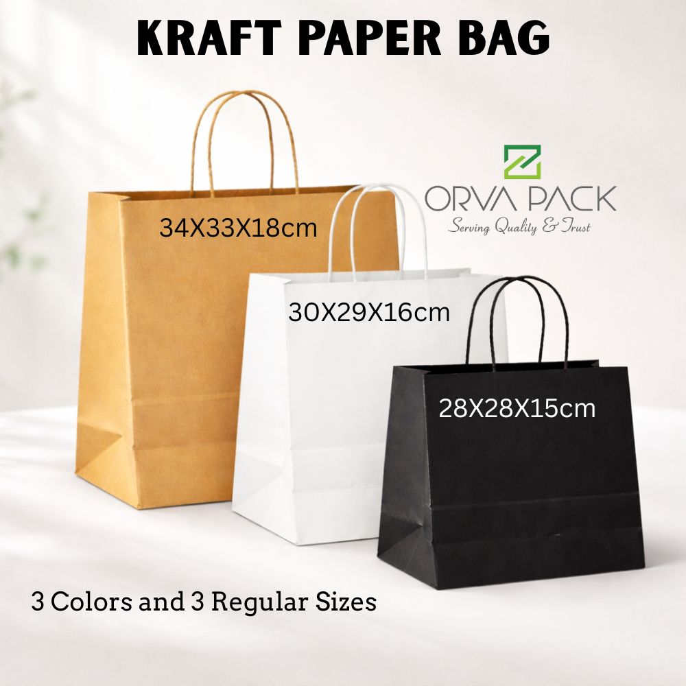Kraft paper bags with twisted handles in brown, white, and black – available in three sizes and customizable printing.