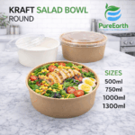 Kraft Round Salad Bowl with PET Lid | 300 pcs | 500ml–1300ml | Eco-Friendly Takeaway Containers UAE