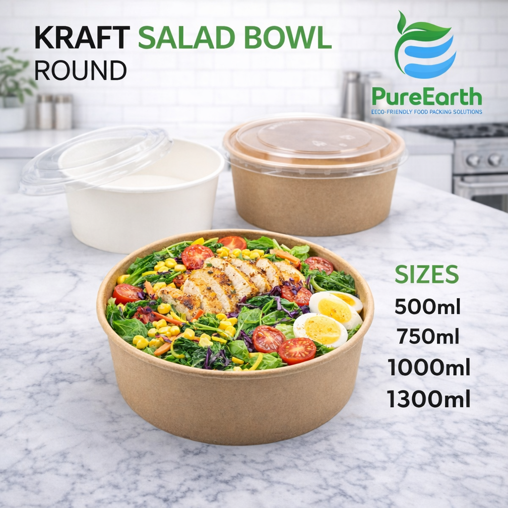 kraft round salad bowl with PET lid 500ml 750ml 1000ml 1300ml eco friendly food container UAE