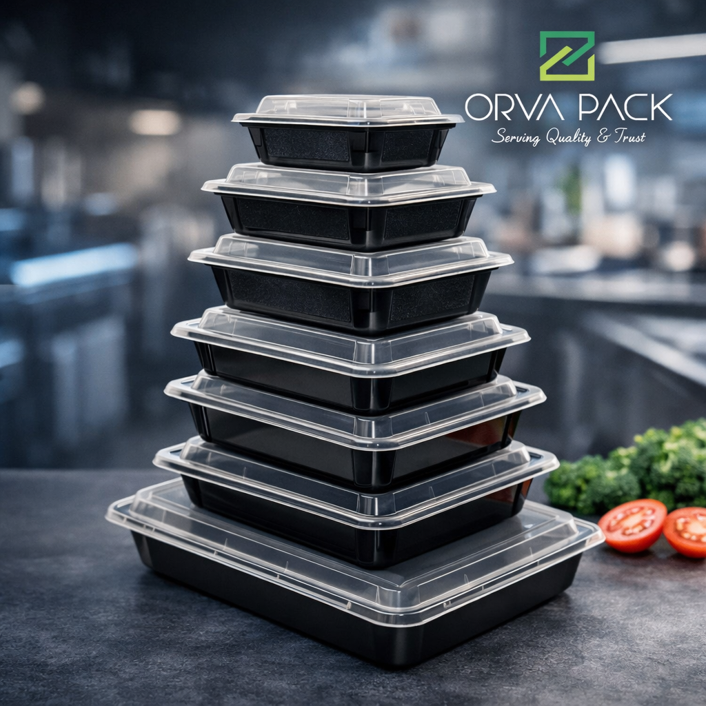 Black rectangular microwave container with lid – 150pcs, available in 12oz–58oz
