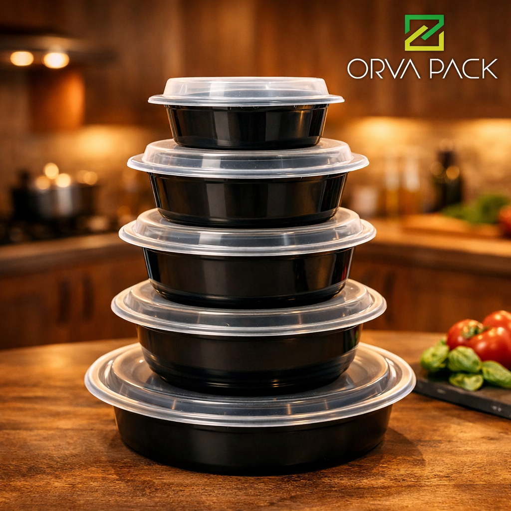Black round microwave container with lid – 150pcs, available in 16oz–48oz