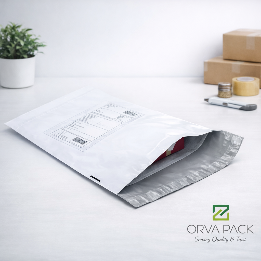 Courier bag with transparent envelope pouch, strong adhesive seal, and light‑gray inner layer