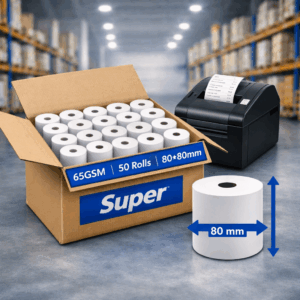 Super Brand Thermal Paper Rolls 80×80 mm – 65 GSM – 50 Rolls Pack