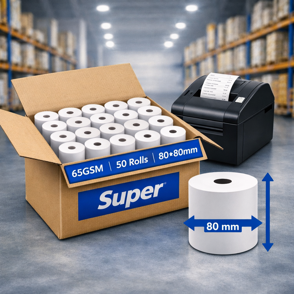 Super Brand Thermal Paper Rolls 80×80 mm – 65 GSM – 50 Rolls Pack