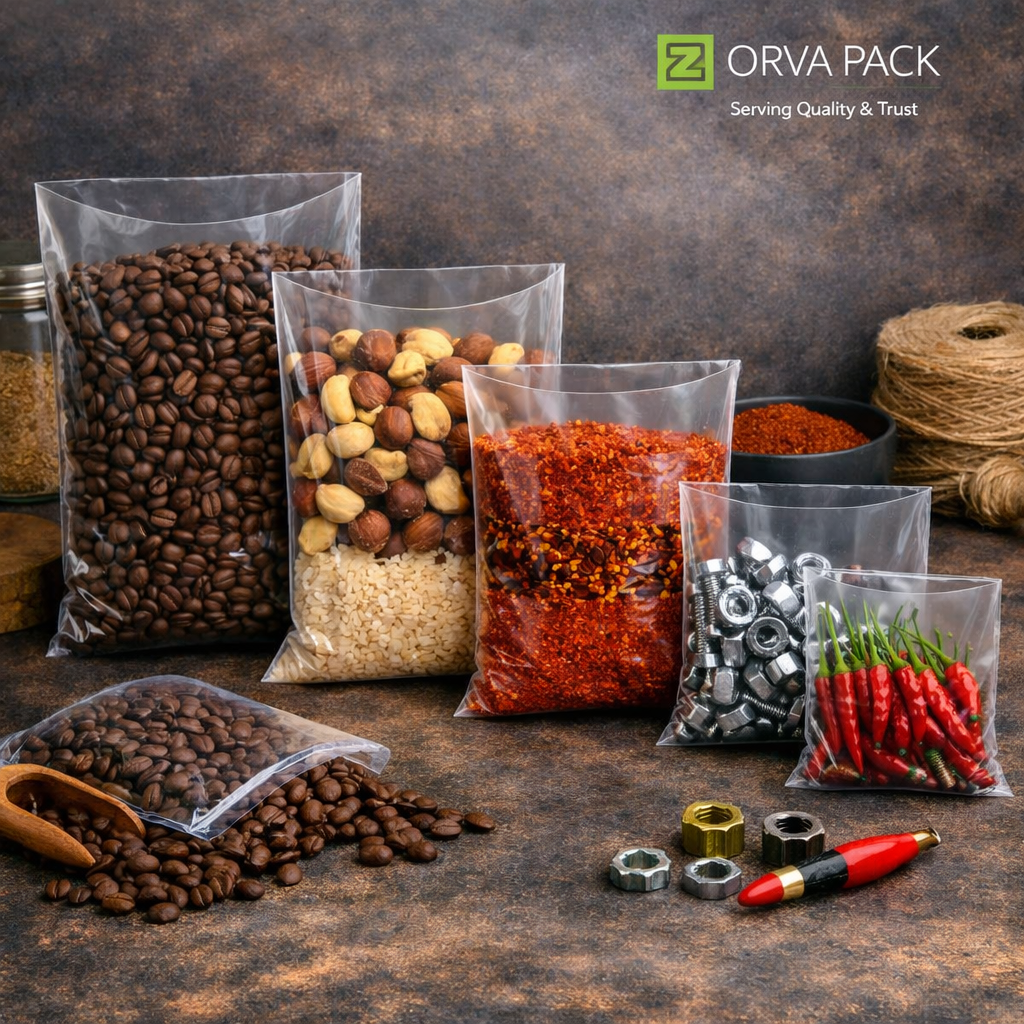 Transparent eco-friendly packaging bags by ORVA PACK containing coffee beans, mixed nuts, chili powder, metal nuts, and red chili peppers on a rustic background.