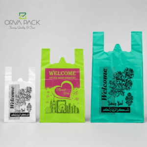 Plastic Shopping Bag – T‑Shirt Type, Welcome Printed, HDPE, Various Sizes (40×40 to 60×80 cm)